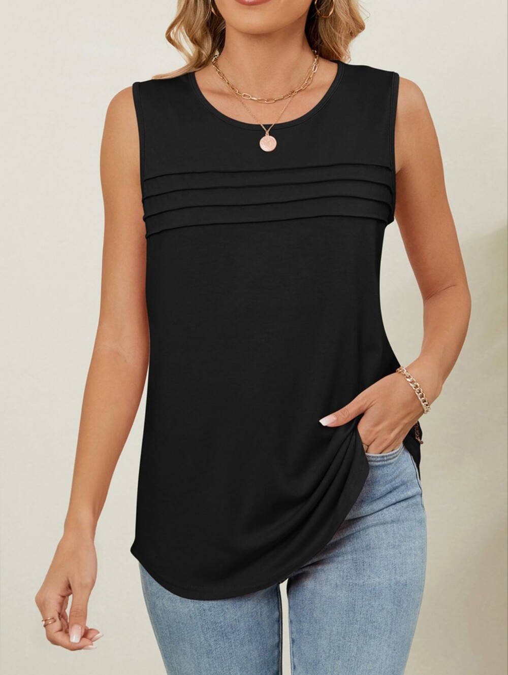 Women's Black Sleeveless Pintuck Shell Tank Top- Full & Plus Sizes